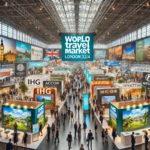 A bustling scene at the World Travel Market London 2024, set in a large, modern exhibition hall with high ceilings and bright lighting.