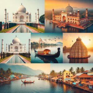 A collage of iconic landmarks in India including Taj Mahal, Hawa Mahal, and Backwaters of Kerala for India Trip Planning