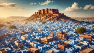Panoramic view of Jodhpur city with Mehrangarh Fort in the background, showcasing the iconic blue houses