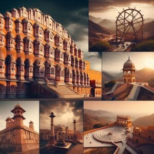 Places to Visit in Jaipur - collage of images of Jaipur Hawa Mahal, Amber Fort, Jantar Mantar and Nahargarh Fort