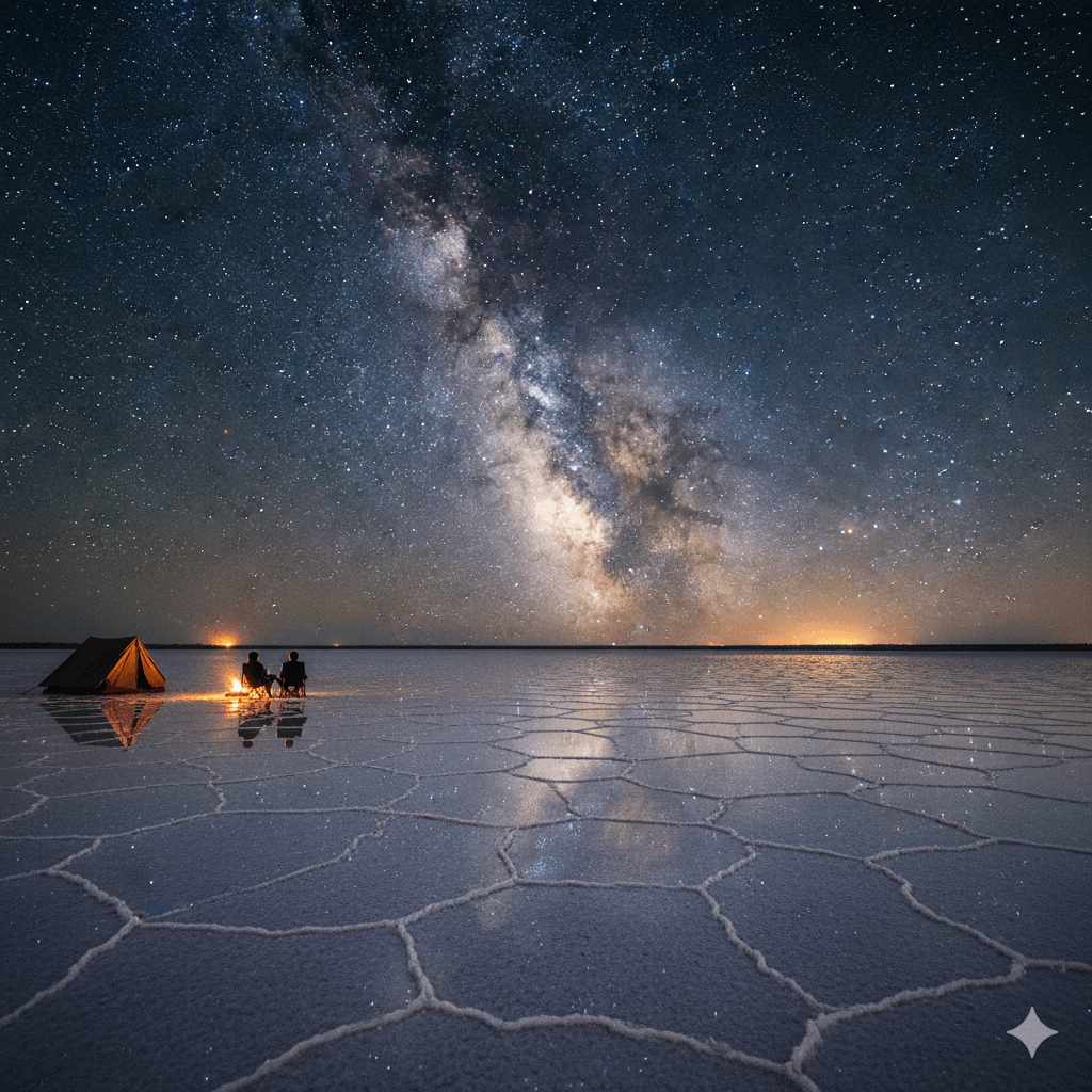 AI-generated: The Milky Way galaxy shining brightly over a quiet desert camp and the white salt flats of Phalodi.