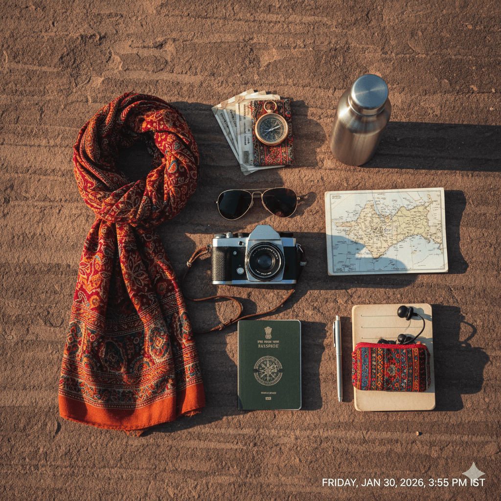 AI-generated: A travel flat lay featuring a camera, sunglasses, a scarf, and a bottle of water on a sandstone surface. Phalodi Rajasthan Travel Guide