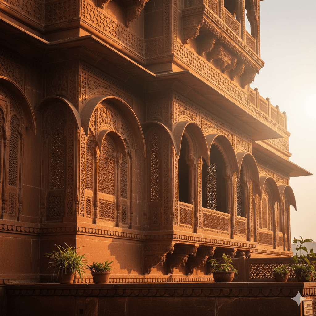 AI-generated: Intricate jali work and ornate sandstone balconies of a heritage haveli in Phalodi, Rajasthan.