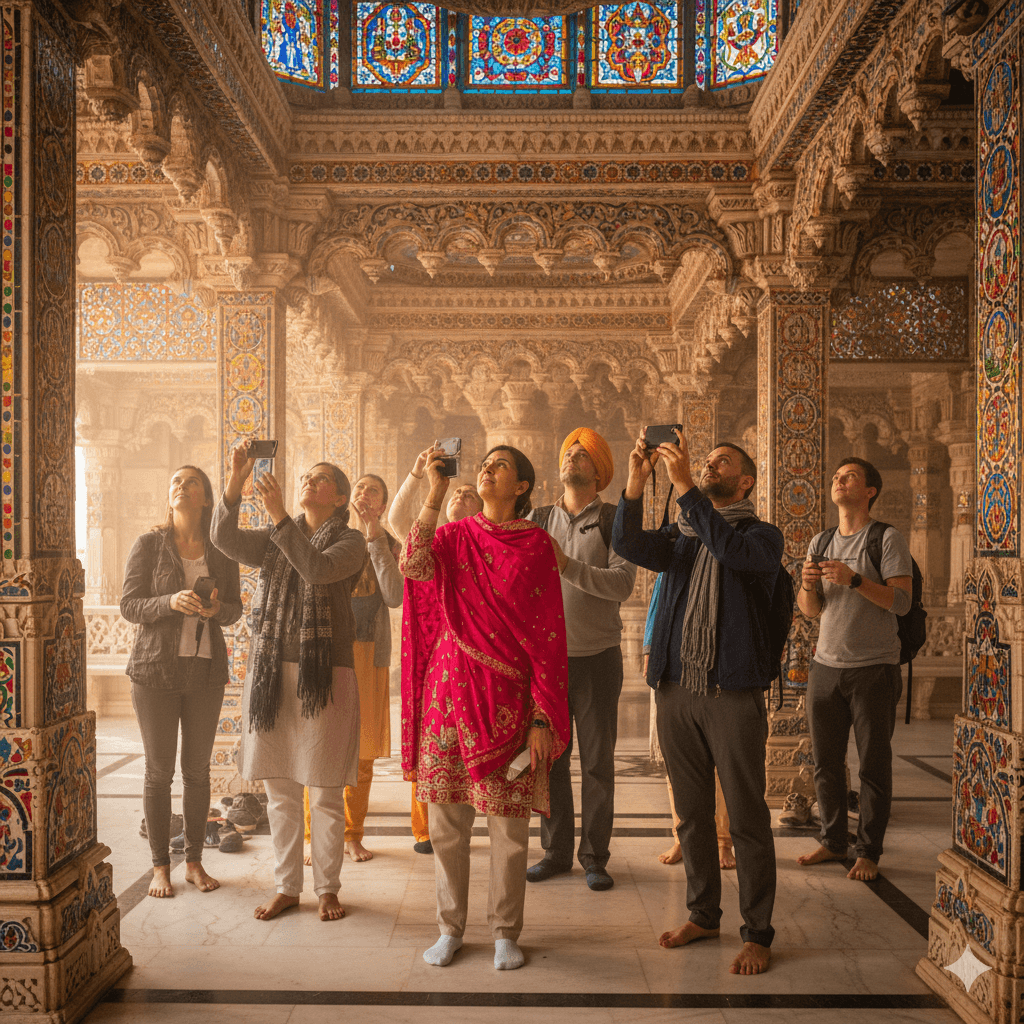 AI-generated: A diverse group of travelers admiring the vibrant glass murals inside the Gaudi Parsvanath Jain Temple.
