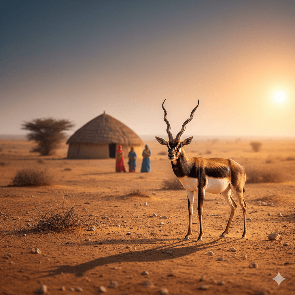 AI-generated: A majestic Blackbuck antelope standing near a traditional Bishnoi dhani hut in the Thar Desert.  Phalodi Rajasthan travel guide
