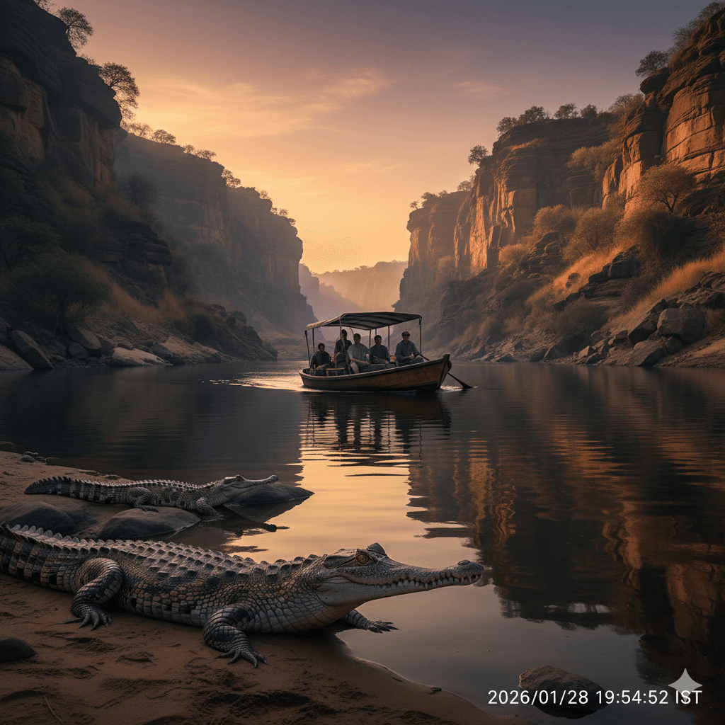 AI-generated boat safari on the Chambal River showing gharials (crocodiles) and scenic ravines in the National Chambal Sanctuary.