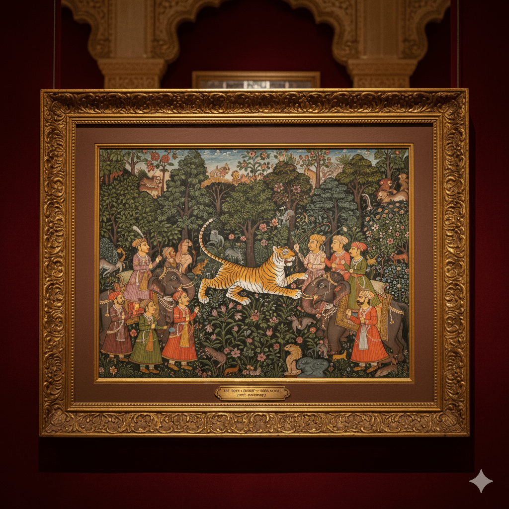 AI-generated detailed close-up of a Kota School miniature painting inside the Rao Madho Singh Museum at City Palace.