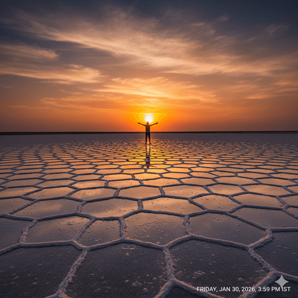 AI-generated: A peaceful silhouette of a traveler watching the sun dip below the horizon on the white salt pans. Phalodi Rajasthan Travel Guide