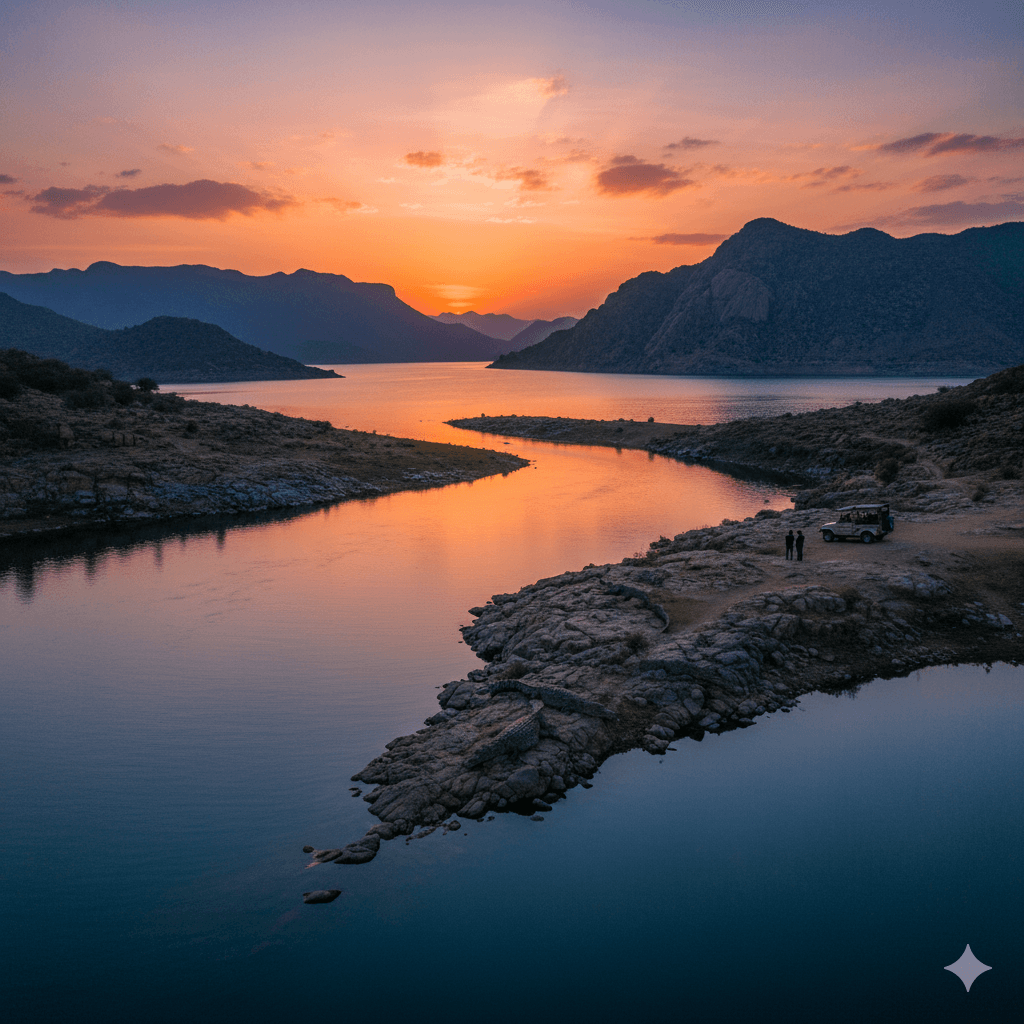 AI-generated image: Panoramic sunset view of the Jawai Dam and the surrounding rocky landscape.