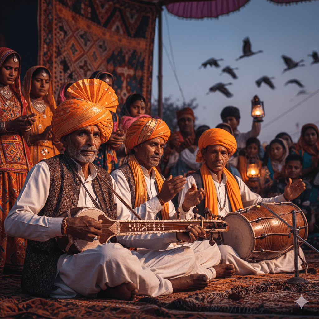 AI-generated: Rajasthani folk musicians in colorful turbans playing the Kamayacha during the Kurja Bird Festival.