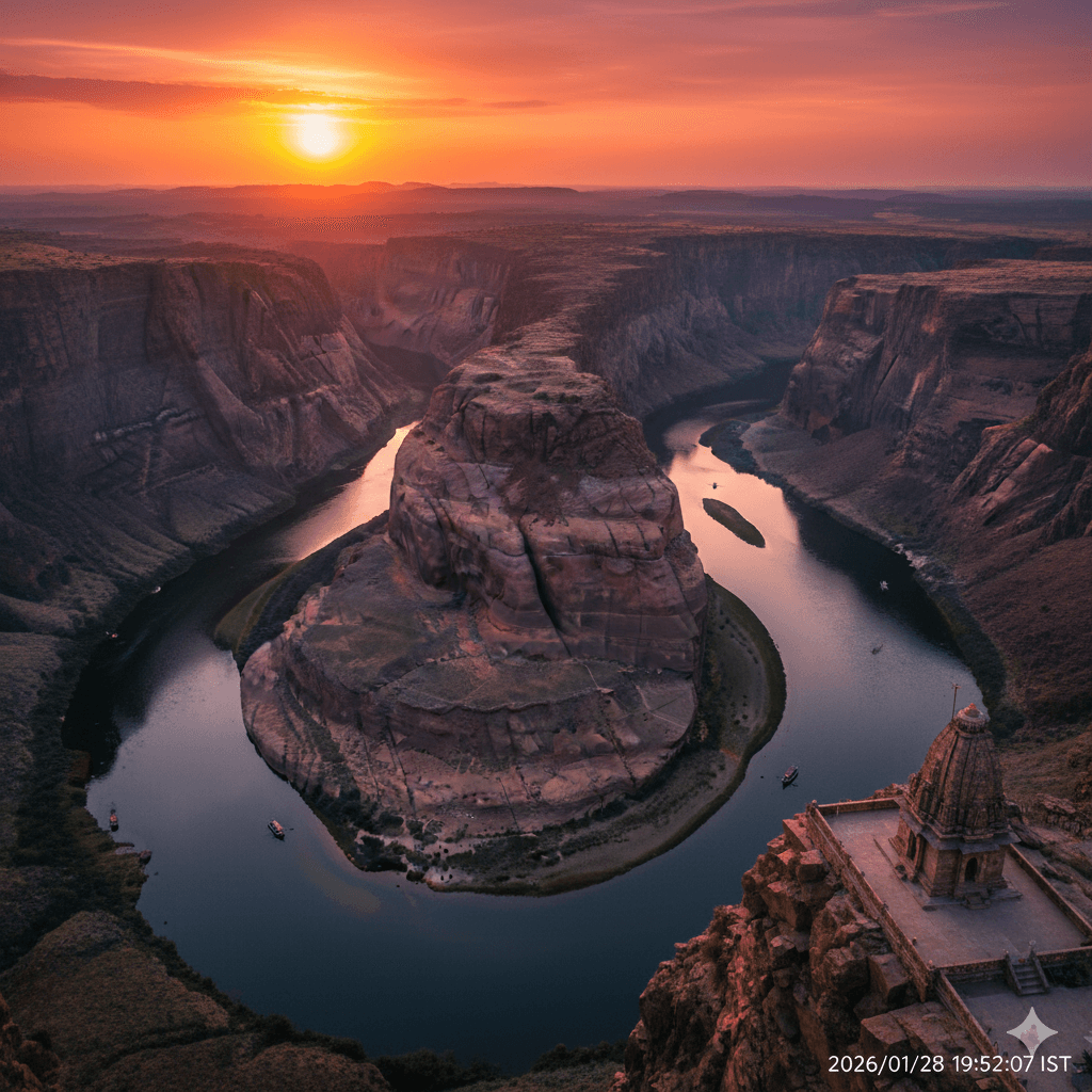AI-generated majestic view of the deep canyon and horseshoe bend of the Chambal River at Garadia Mahadev, Rajasthan.