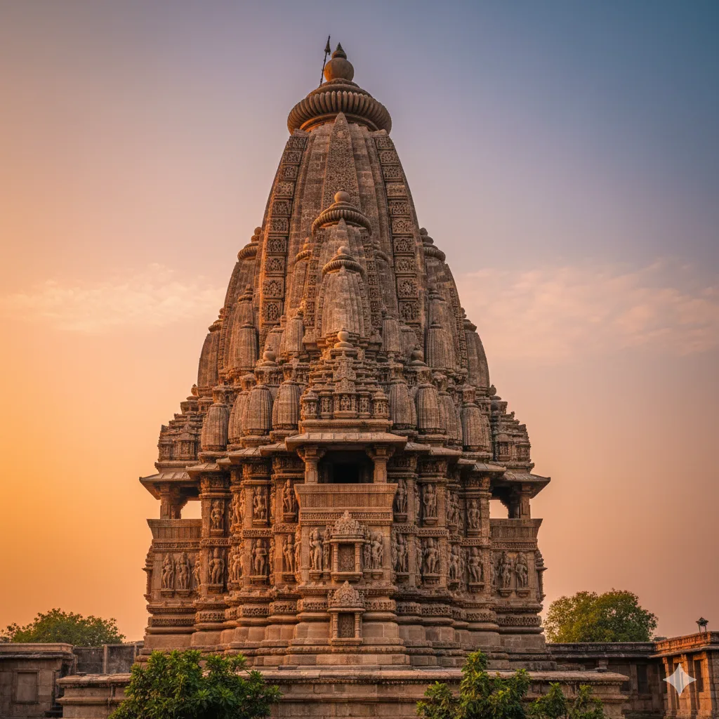 AI-generated conceptual visualization of Intricate stone carvings on the Shikhara of Sun Temple Jhalrapatan