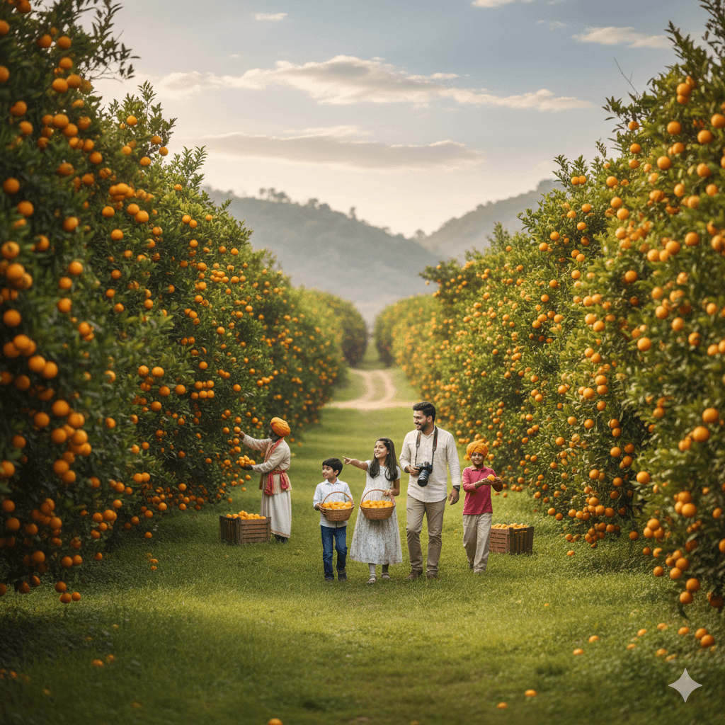AI-generated conceptual visualization of Lush orange orchards in Jhalawar Rajasthan during winter harvest