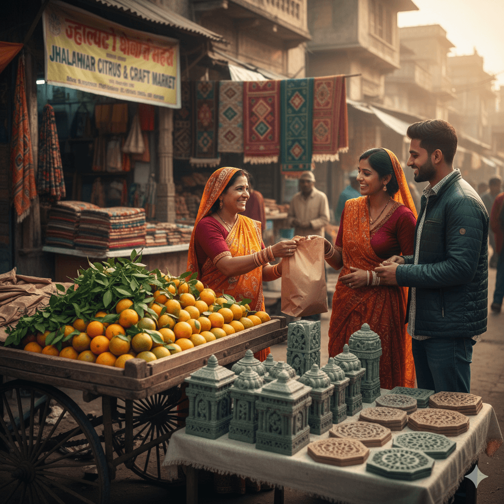 AI-generated conceptual visualization of Traditional stone handicrafts and fresh oranges in Jhalawar market