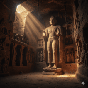 AI-generated conceptual visualization of Rock-cut Buddhist statue in Kolvi Caves Jhalawar