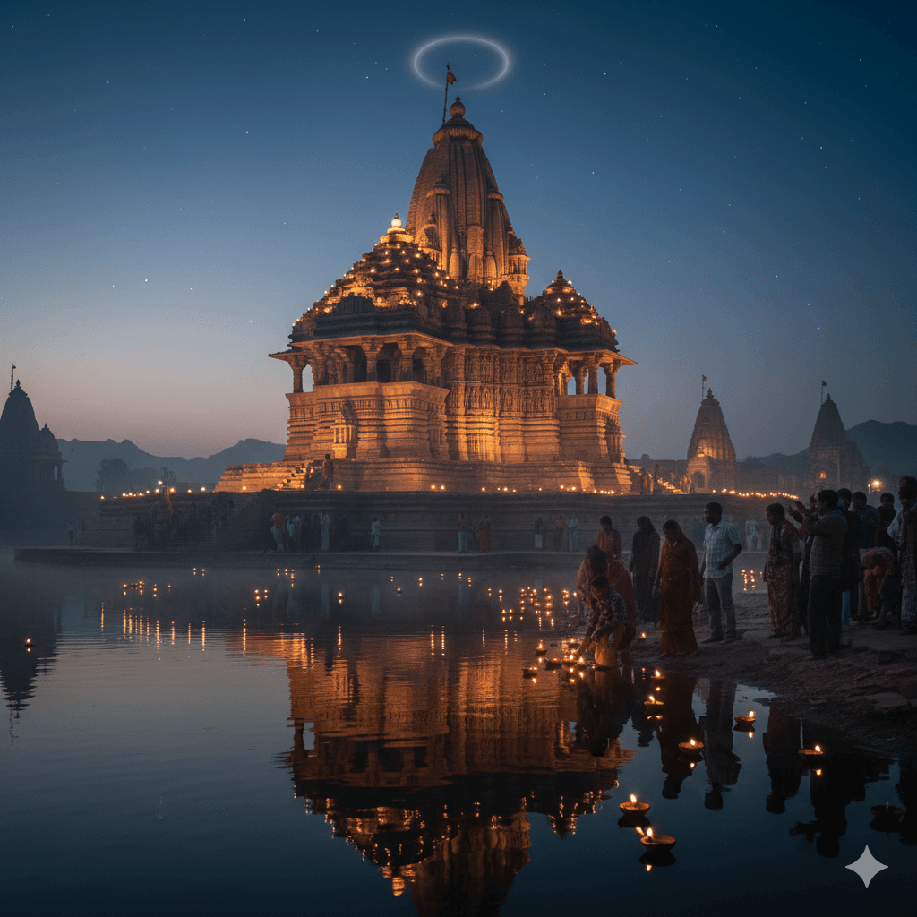 AI-generated conceptual visualization of Evening Aarti and floating lamps at Gomti Sagar Lake Jhalawar
