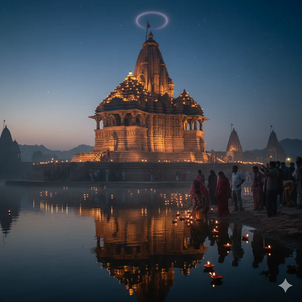 AI-generated conceptual visualization of Evening Aarti and floating lamps at Gomti Sagar Lake Jhalawar