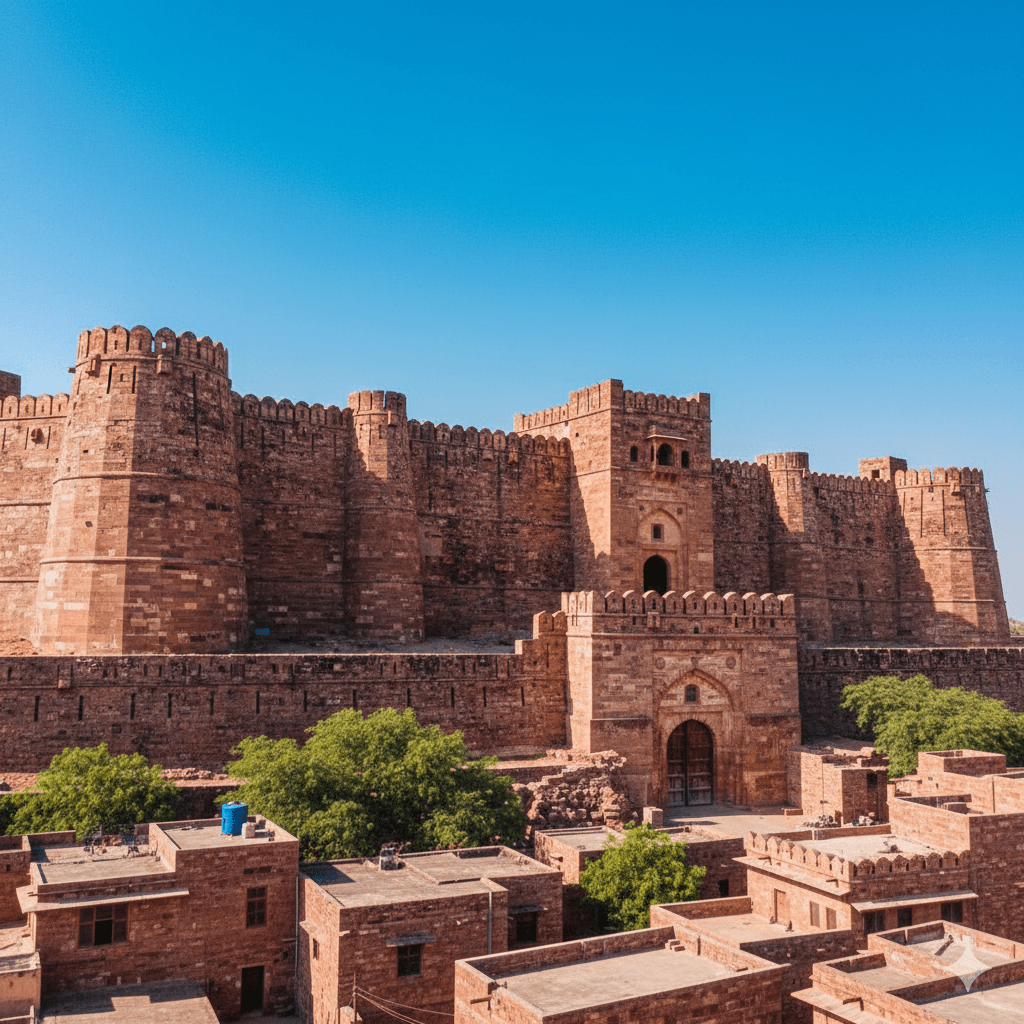 AI-generated: The rustic 15th-century stone ramparts of Phalodi Fort under a clear blue desert sky.