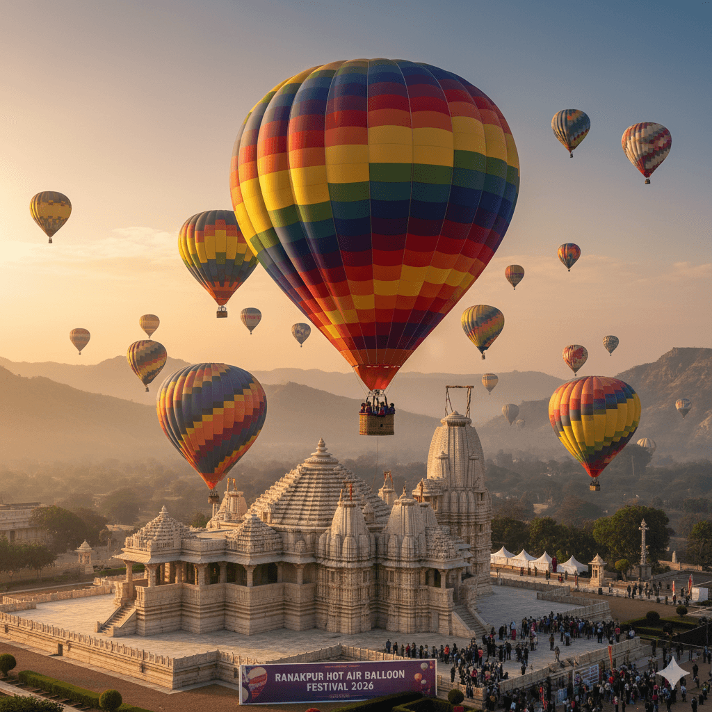 AI-generated image: Hot air balloons over the Ranakpur festival grounds during the 2026 celebration. Pali Rajasthan Travel Guide