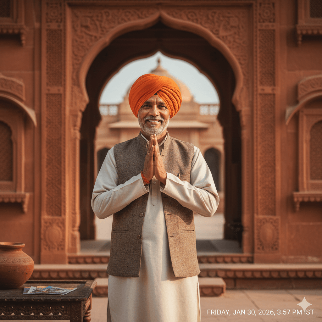 AI-generated: A smiling local host in a Rajasthani turban welcoming travelers to a heritage stay in Phalodi.