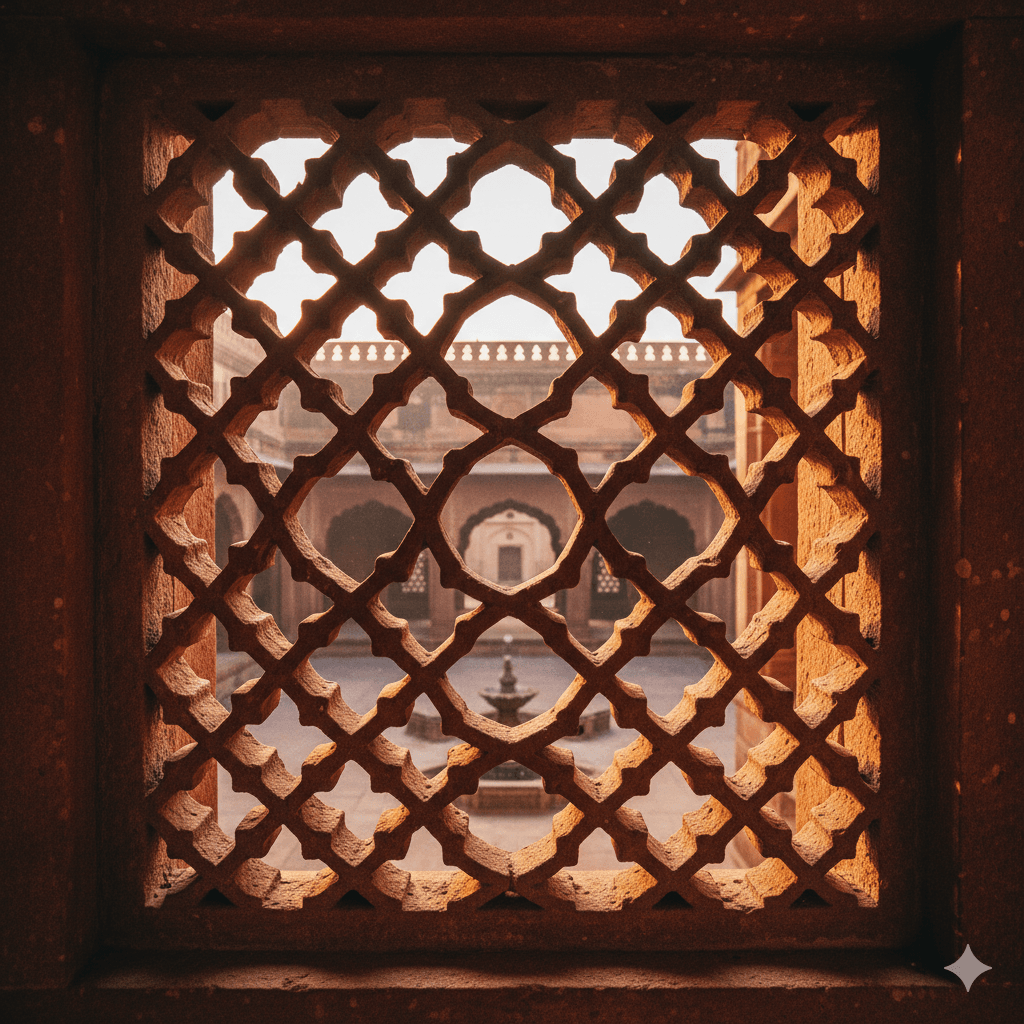 AI-generated close-up image of intricate red sandstone jali (lattice) work at Karauli City Palace, highlighting the delicate carvings and traditional Rajput craftsmanship.