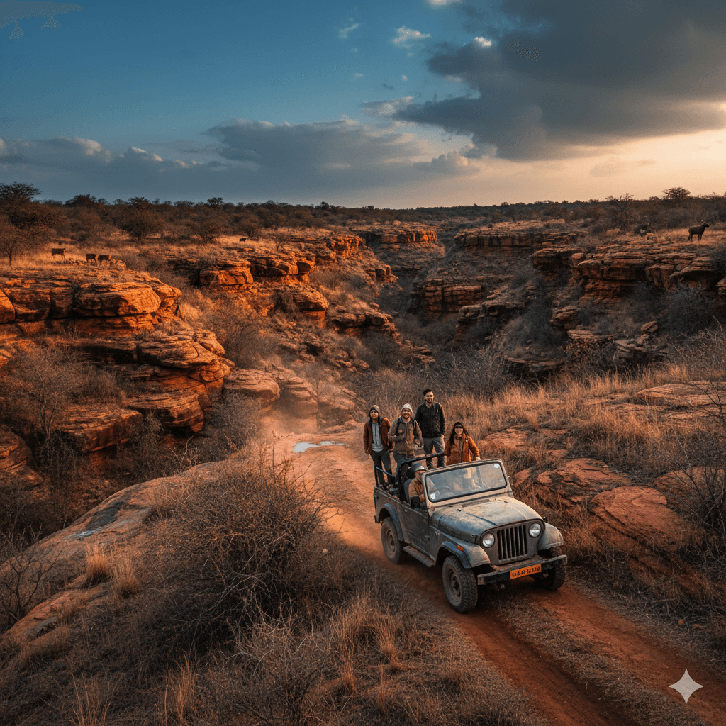 AI-generated image of a 4x4 jeep navigating the rugged red sandstone ravines of the Kaila Devi Wildlife Sanctuary near Karauli, highlighting the adventurous terrain.