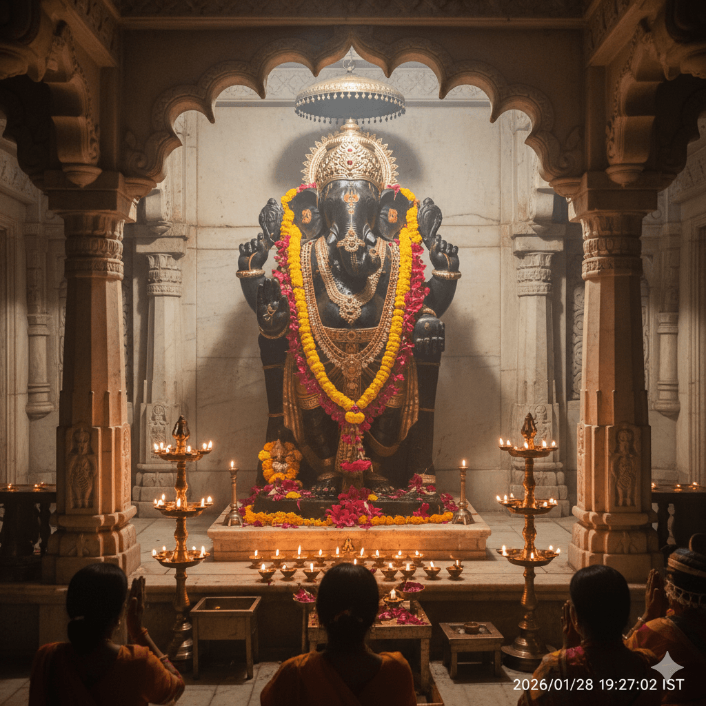 AI-generated interior of the Khade Ganesh Temple showing the unique standing idol of Lord Ganesha in Kota.