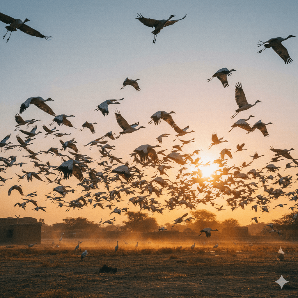 AI-generated: Thousands of Demoiselle Cranes forming a spectacular cloud over the Khichan feeding grounds.