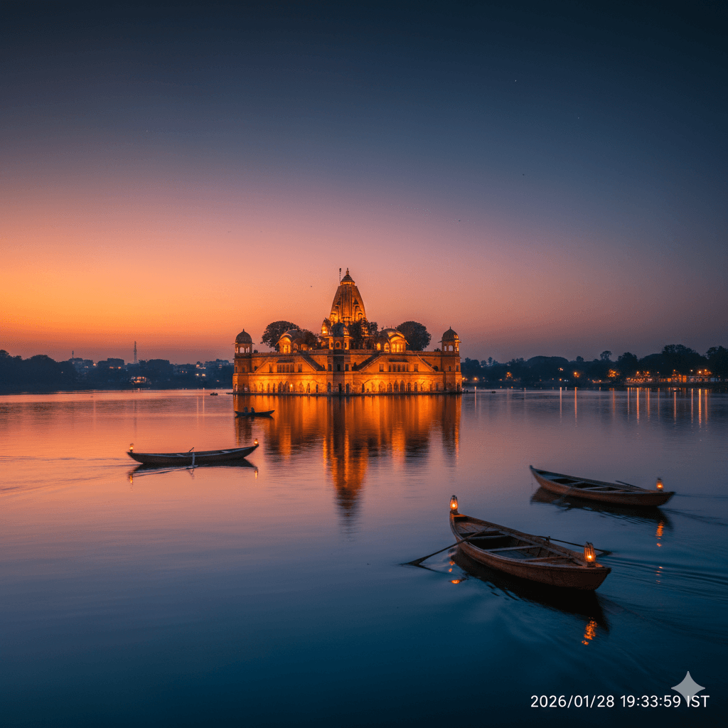 AI-generated view of the red sandstone Jagmandir Palace on Kishore Sagar Lake in Kota with glowing water reflections.