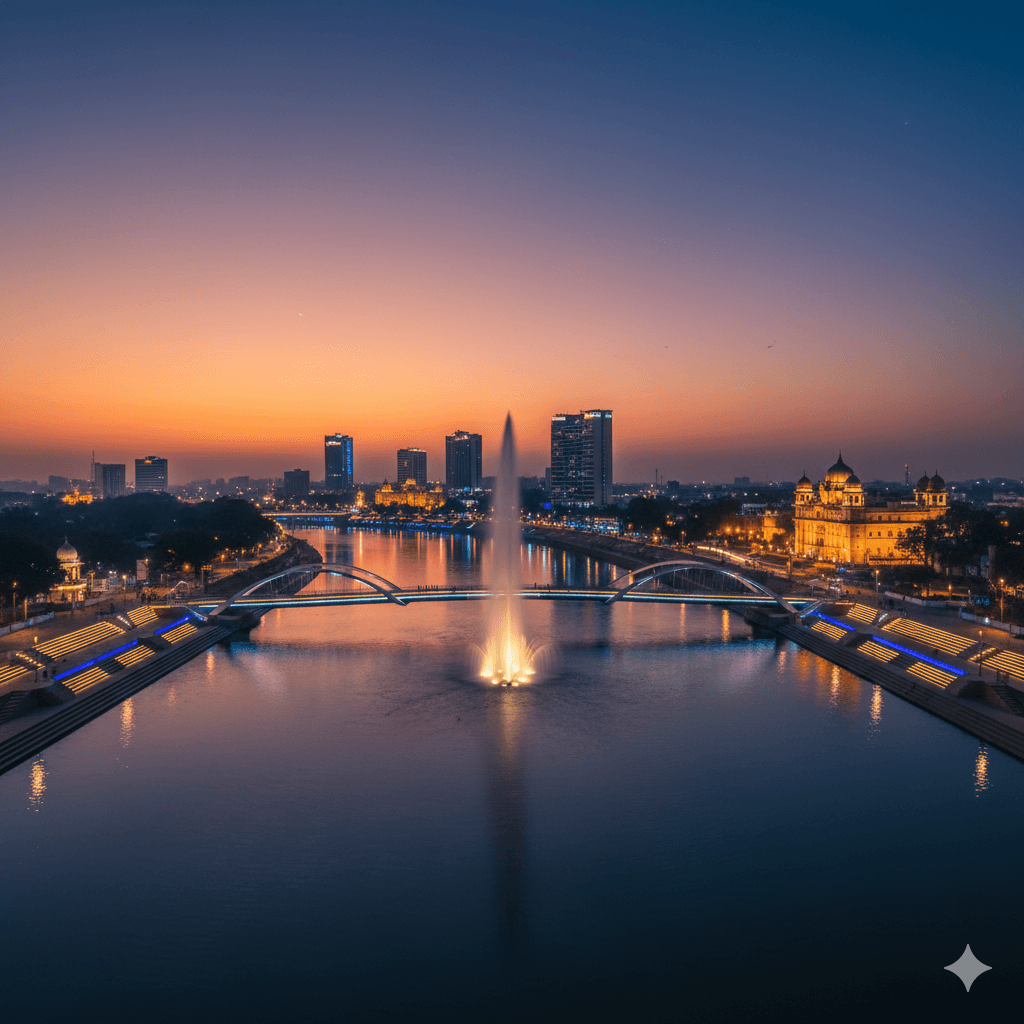 AI-generated wide panorama of Kota Rajasthan city at sunset with the illuminated Chambal Riverfront and modern bridges.