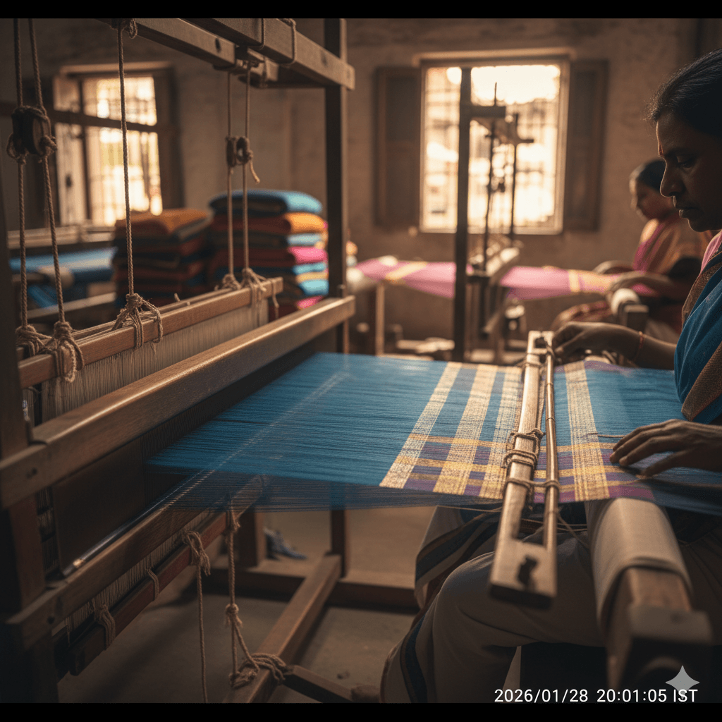 AI-generated pit loom in Kaithoon showing a weaver crafting a translucent Kota Doria saree with intricate gold zari work.