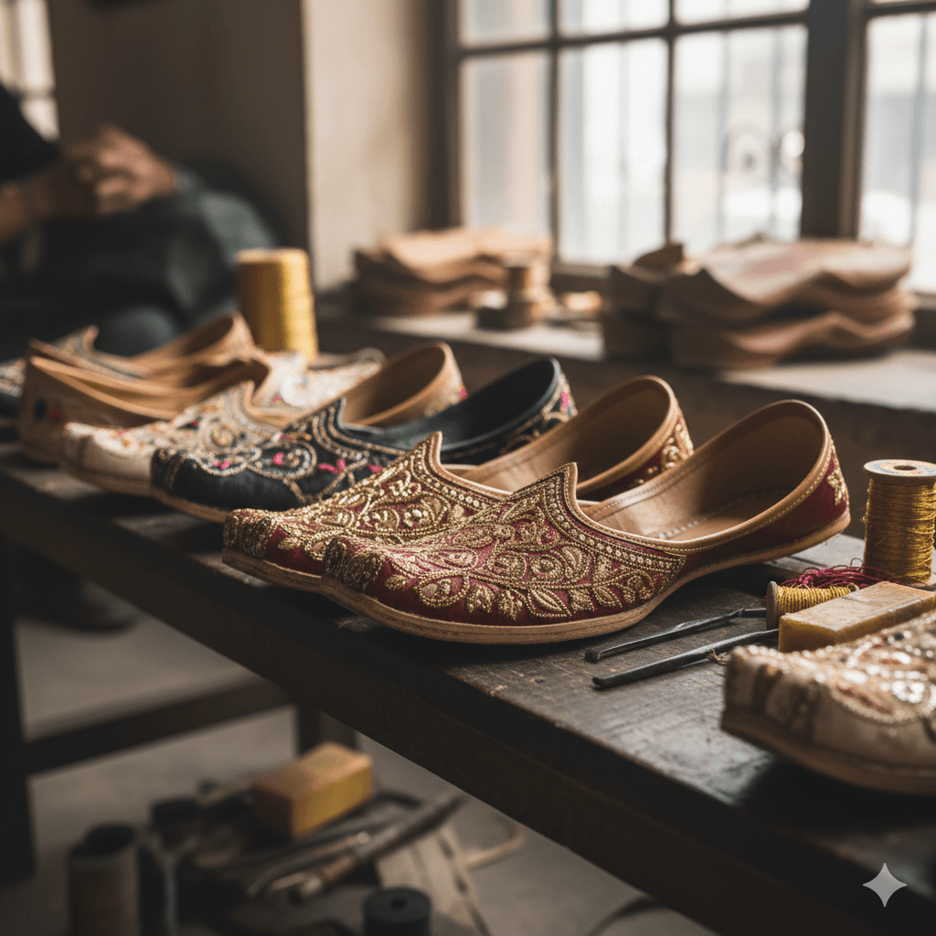 AI-generated close-up of traditional Rajasthani leather shoes (mojaris).