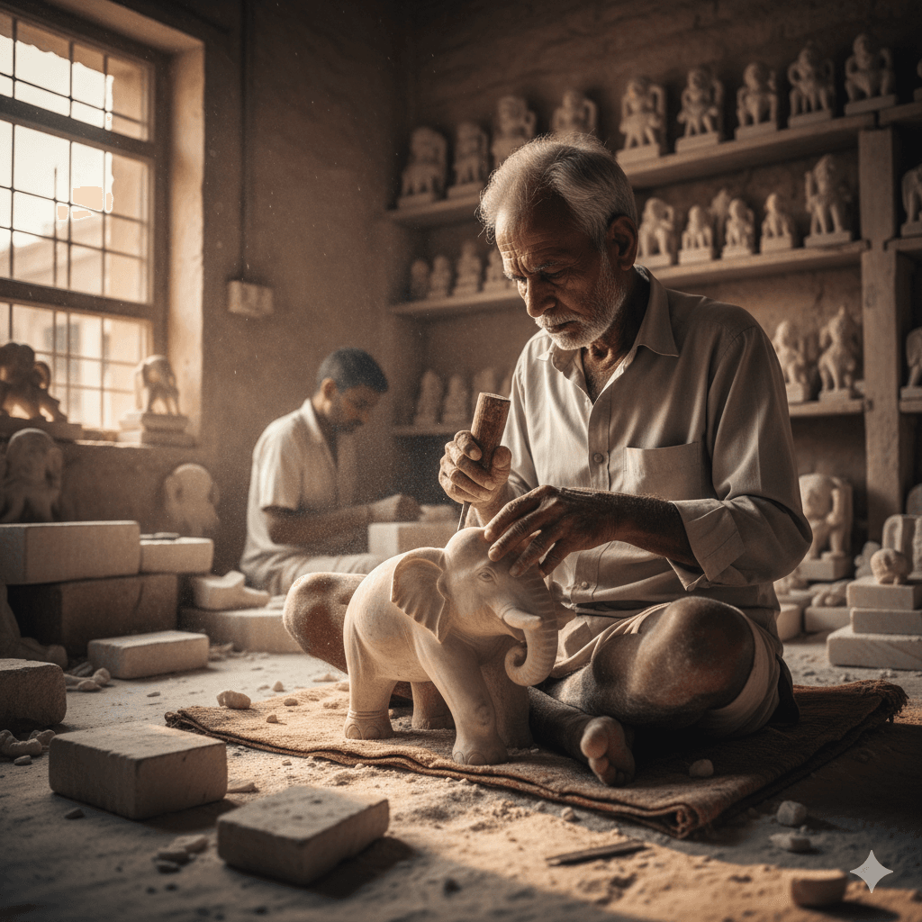 AI-generated workshop scene of marble carving in Makrana Rajasthan.