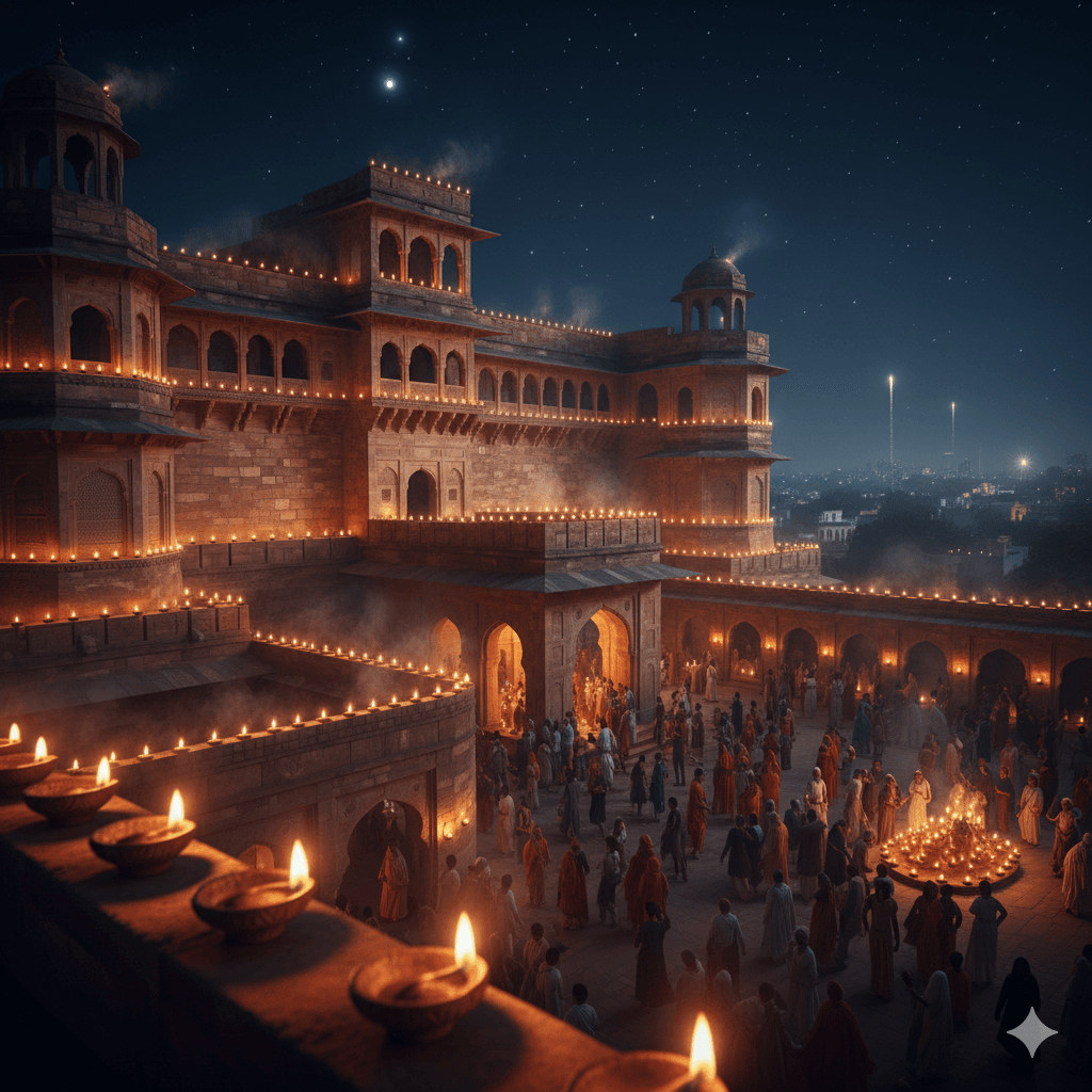 AI-generated night view of Nagaur Fort lit by traditional oil lamps.