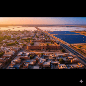 AI-generated: A stunning aerial panorama of Phalodi, Rajasthan, showing the red sandstone architecture at sunset.