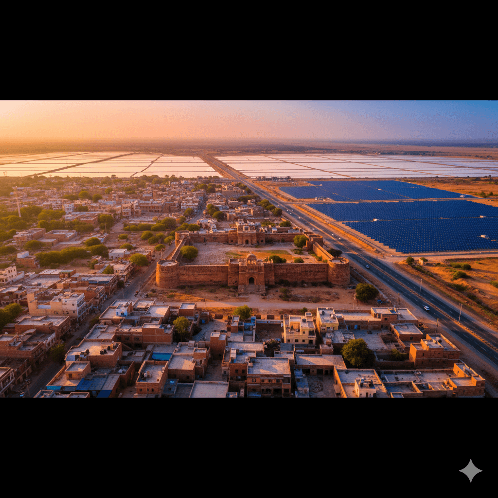 AI-generated: A stunning aerial panorama of Phalodi, Rajasthan, showing the red sandstone architecture at sunset.