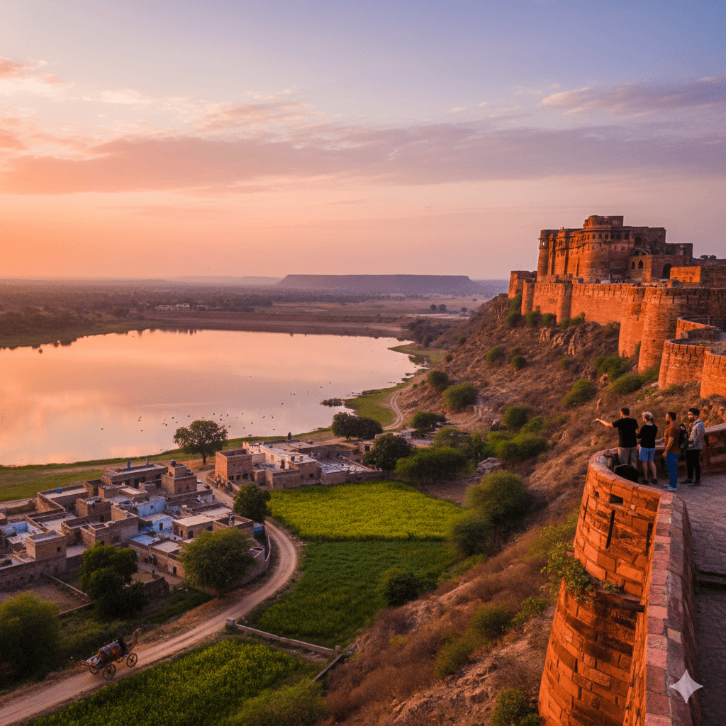 AI-generated image of Ramathra Fort majestically perched overlooking the serene Kalisil Lake at sunset, showcasing its strategic location and picturesque surroundings near Karauli.