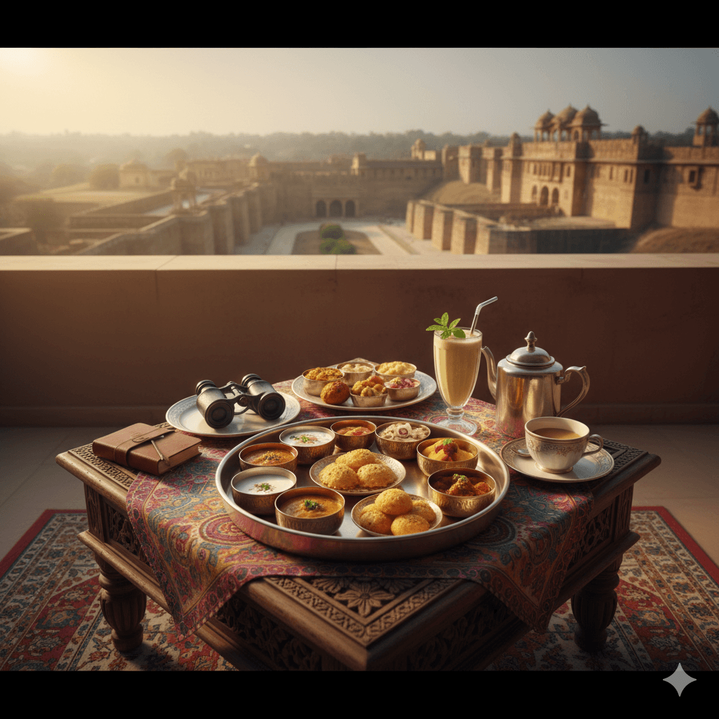AI-generated Rajasthani food thali with a view of Nagaur Fort.