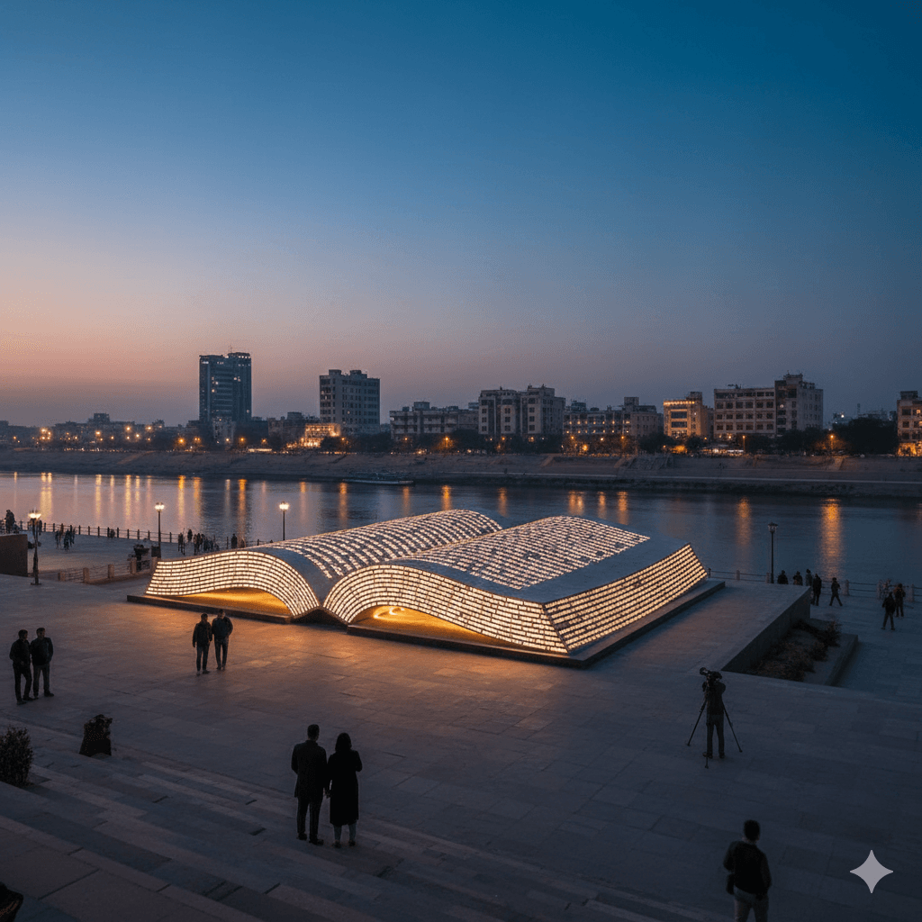 AI-generated 60-meter book-shaped library building at Sahitya Ghat on the Chambal Riverfront in Kota Rajasthan.