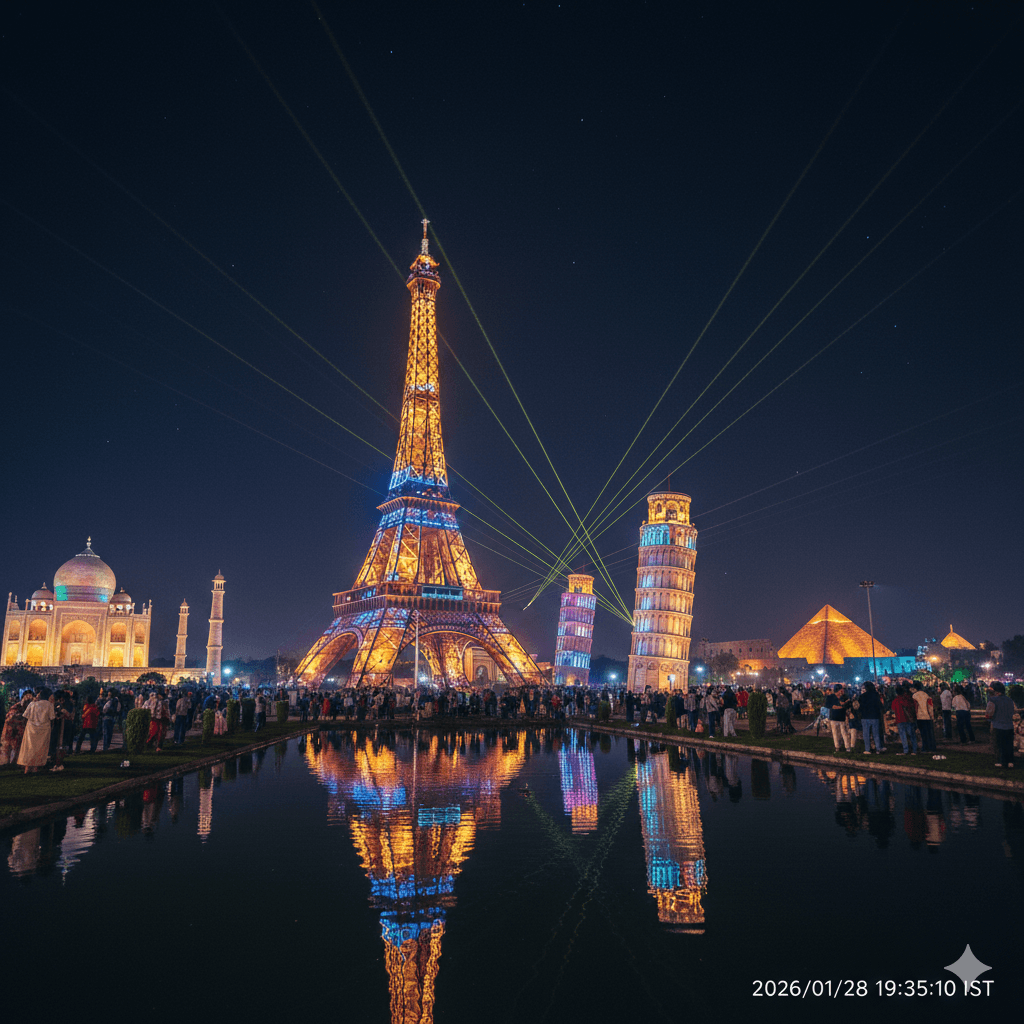 AI-generated night view of the illuminated Eiffel Tower and Leaning Tower of Pisa replicas at Seven Wonders Park Kota.