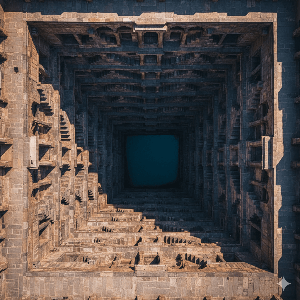 AI-generated geometric pattern of an ancient Rajasthani step-well.