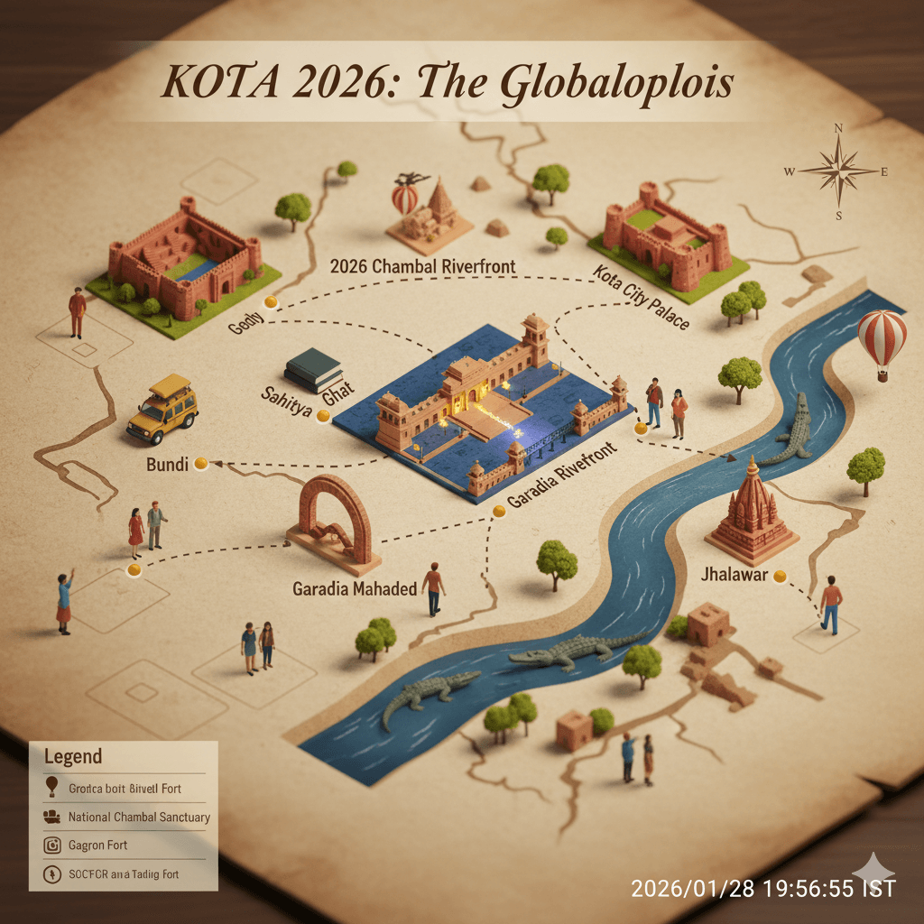 AI-generated 3D travel map of Kota city showing the strategic route between the Riverfront, Garadia Mahadev, and City Palace.