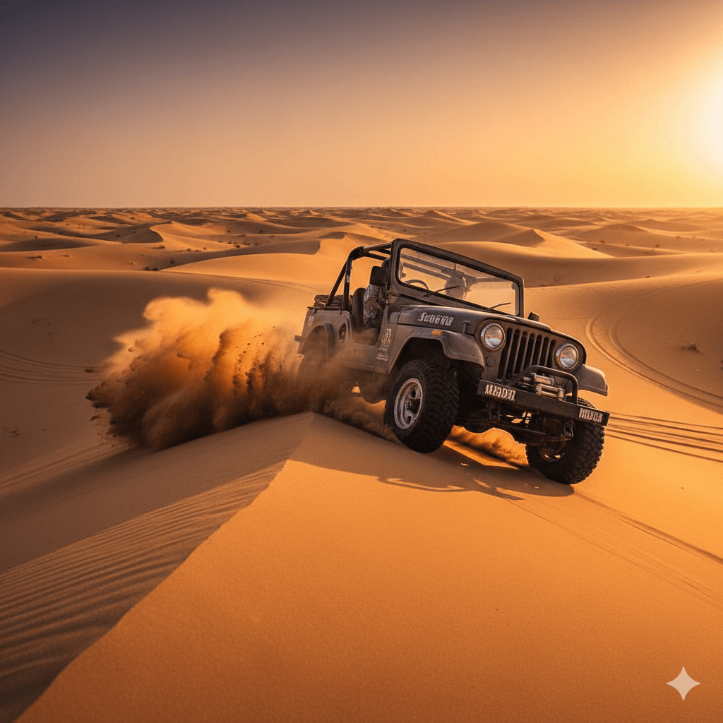 AI-generated Jeep safari on the sand dunes of Khimsar near Nagaur.