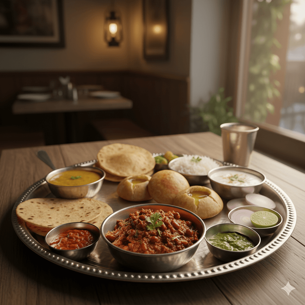 AI-generated image: Authentic Marwari thali featuring Ker Sangri and Bajra Roti. Pali Rajasthan Travel Guide
