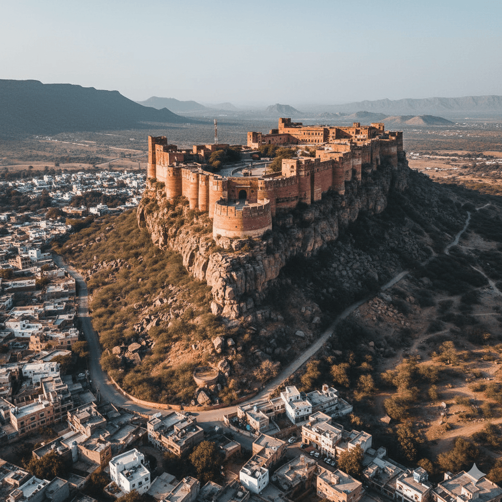 AI-generated landscape of Kuchaman Fort on a hilltop in Rajasthan.