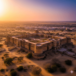AI-generated cinematic aerial view of Nagaur Fort Rajasthan at sunset.