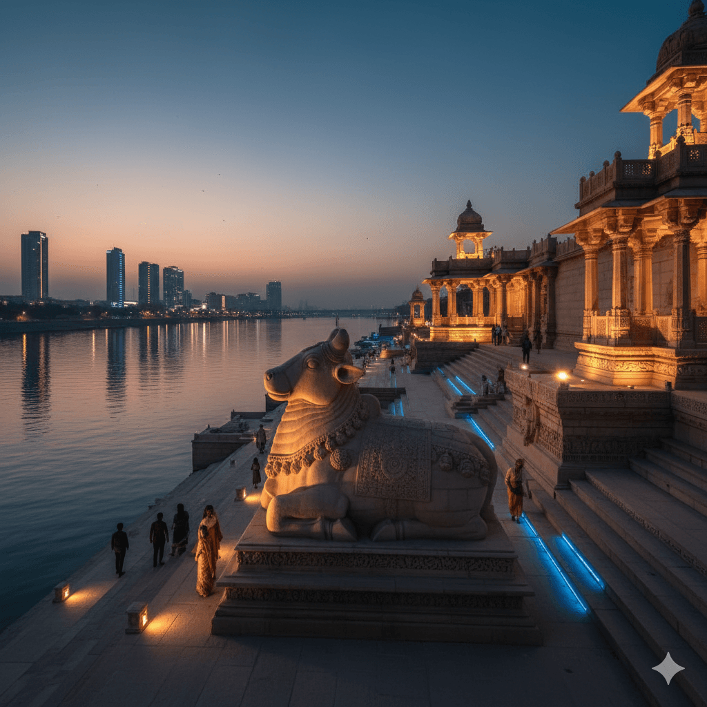 AI-generated photo of the massive stone Nandi statue at Nandi Ghat, Chambal Riverfront Kota, with traditional stone carvings.