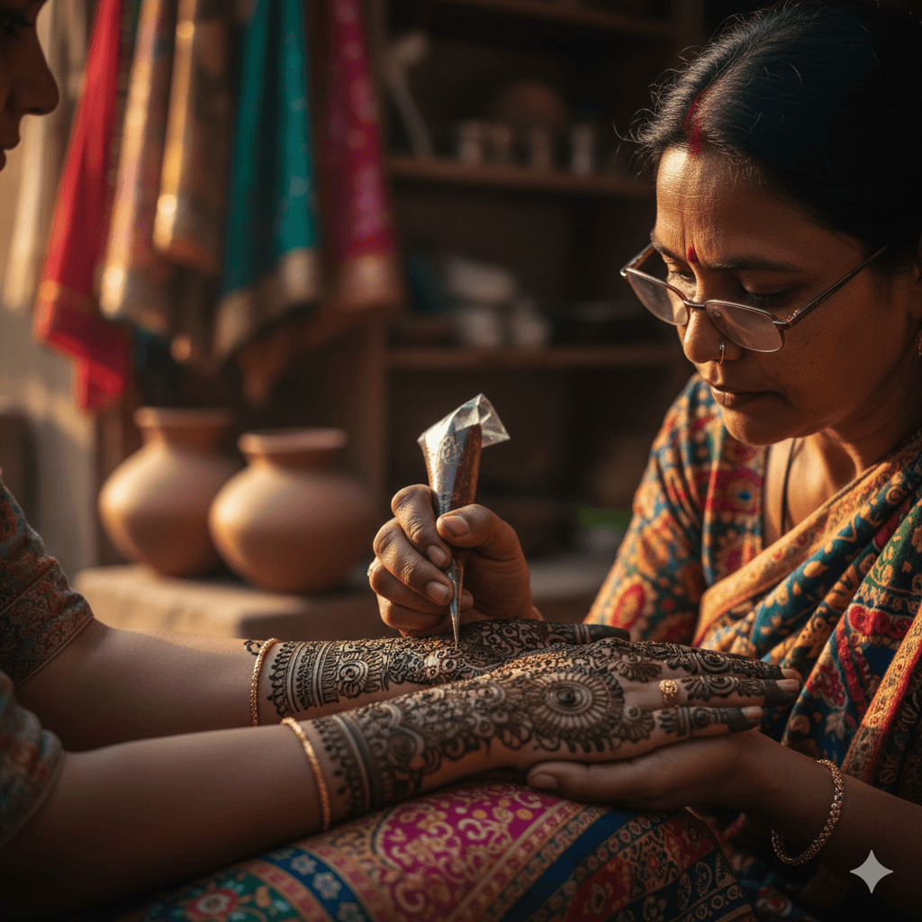 AI-generated image: Detailed Rajasthani henna (Mehendi) application on hands, Sojat city style.