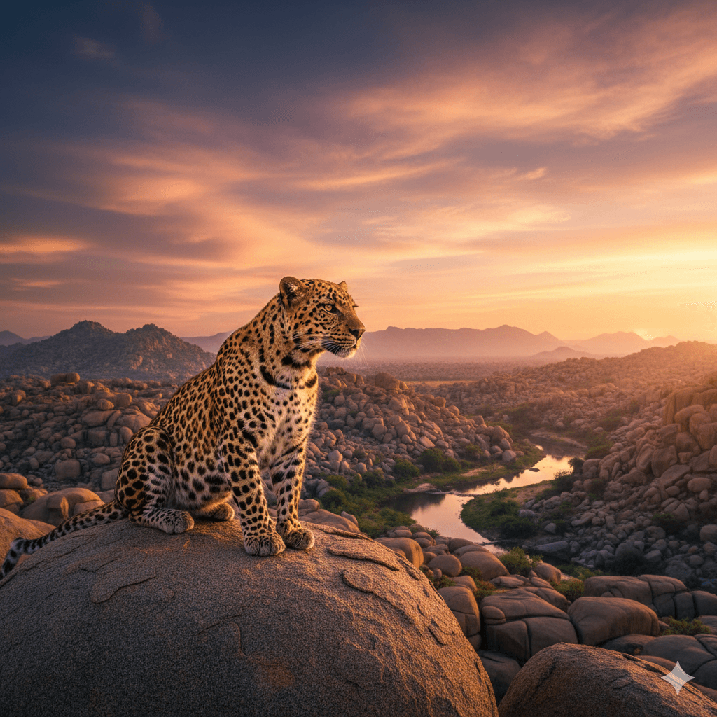 AI-generated image: Majestic leopard on the rocky granite hills of Jawai, Pali at sunset.