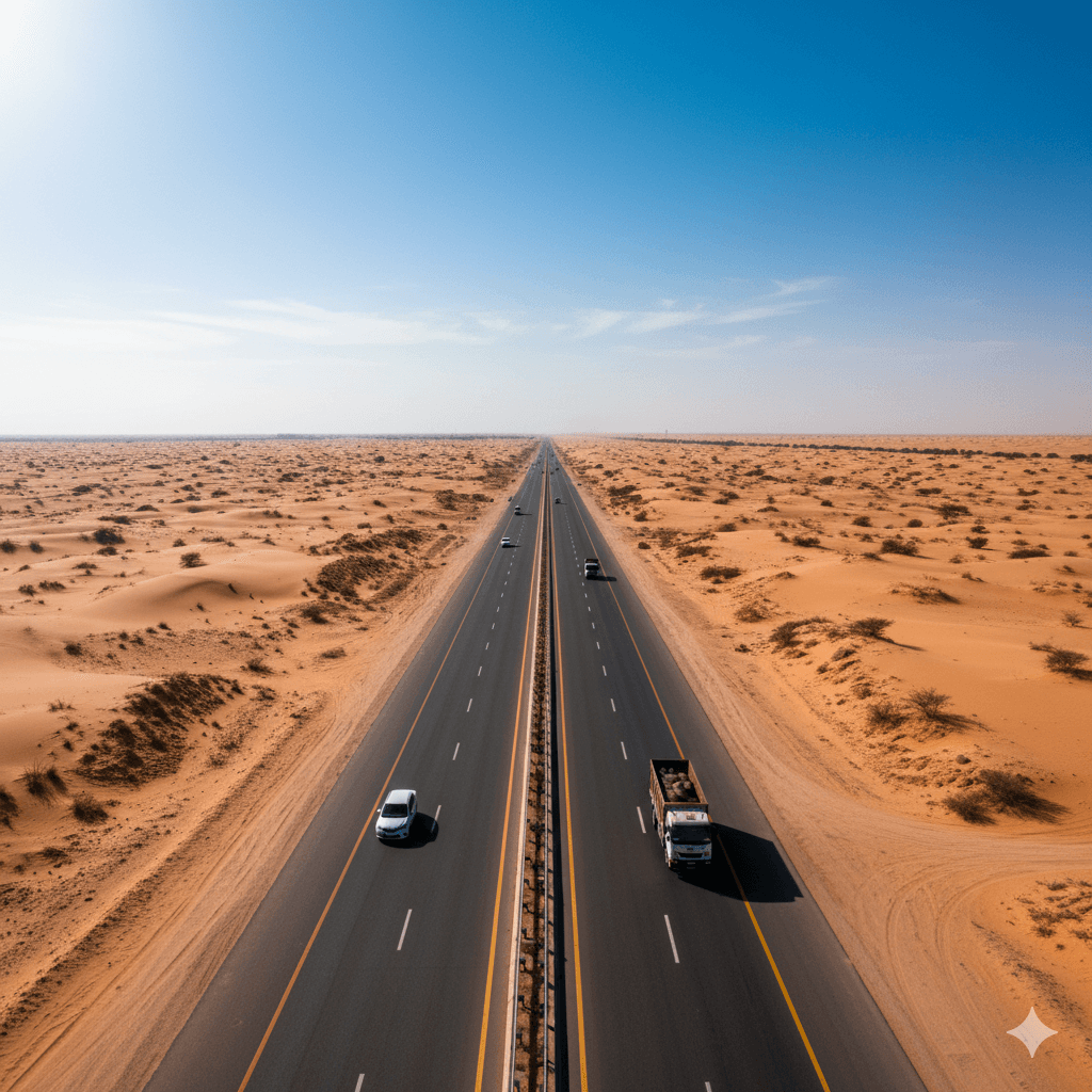AI-generated: A modern, smooth highway cutting through the vast desert dunes near Phalodi under a bright sun.